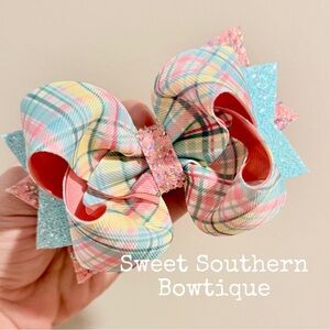 Pink Blue Plaid Boutique Hair Bow With Glitter Tails